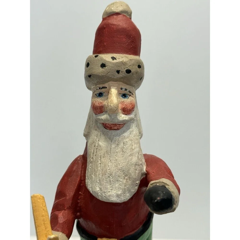 VINTAGE FOLK ART SANTA ON RABBIT WOOD CARVING. PEGGY HERRICK